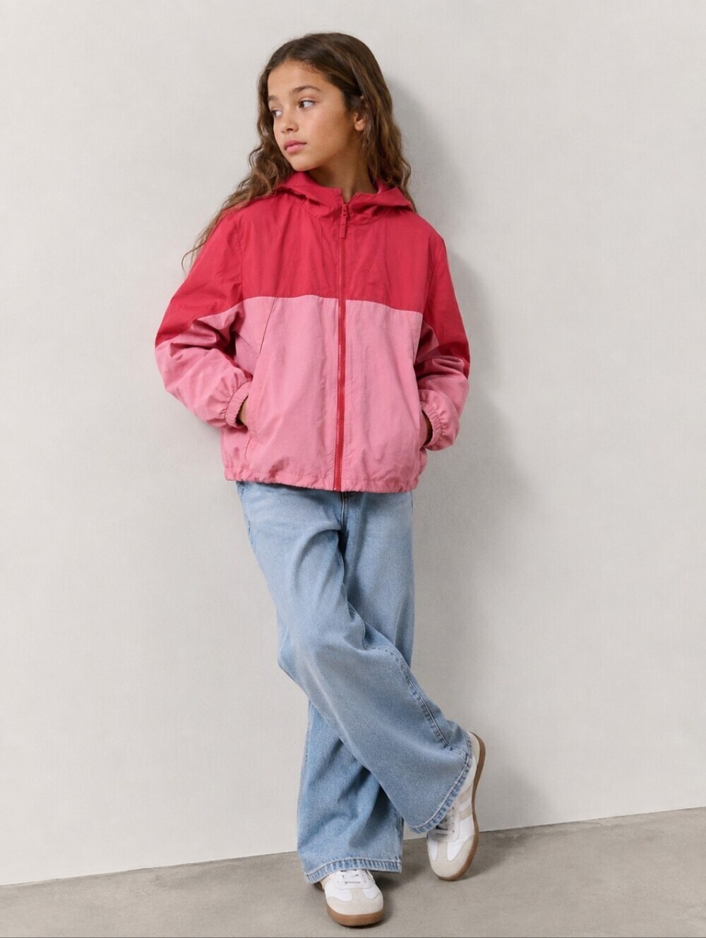 Uniqlo Kids Packable Hooded Windbreaker Jacket Pink Colorblock Rain Coat 11-12Y
